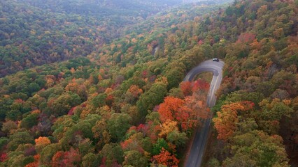 Wall Mural - White truck driving on winding curved asphalt mountain country road through autumn forest and fall trees