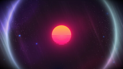 Wall Mural - synthwave sunset background. 80s sun backdrop. blue perspective grid with retro sun on dark starry s