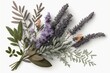 A beautiful lavender bouquet with leaves on a white background. Perfect for a top-down photo or flat lay project. Generative AI