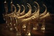 Seven golden trumpets from the Advent Bible Revelation, depicted as warning horns in a 3D illustration. Generative AI