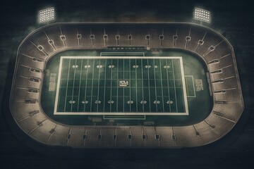 Illustration of an aerial view of an American football field. Generative AI