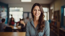 A Photo Portrait Of A Beautiful Young Female American School Teacher Standing In The Classroom. Students Sitting And Walking In The Break. Blurry Background Behind. Generative AI