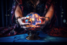 A Magical Crystal Ball Between Two Hands. Woman Is Guessing. The Witch Is Engaged In Occultism, Summons Spirits. Magic