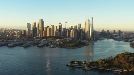 Poster - Balmain island goat to Sydney city CBD waterfront on Harbour aerial 4k.
