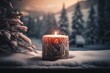 Winter Christmas candle in snow landscape with enchanting lights and wood background. Ideal for first advent Sunday celebration. Generative AI
