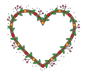 Wreath frame illustration in the shape of a heart with hand drawn berries and leaves.