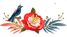 Rosh Hashanah Greeting Card Floral Decoration - Jewish New Year Pomegranate Exotic Red Flowers Blue Bird Vintage Decorative Ornaments Bouquet Wreath Tropical Border. Shana Tova Sukkot Jewish Holiday