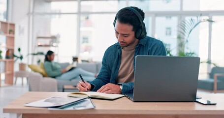 Canvas Print - Man, planning and work from home on laptop, headphones and notebook for marketing ideas and music. Young worker writing notes, listening to audio and computer in living room for freelance opportunity