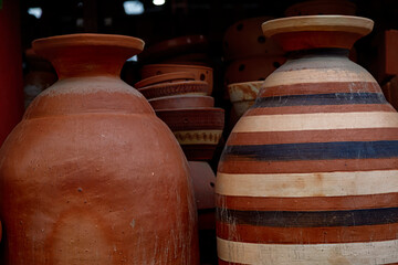 Close-up of two ceramic vases in Raquira, Colombia