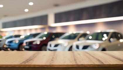 Wall Mural - Empty wood table top with cars in showroom blurred defocused background