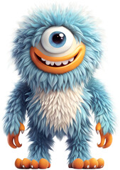 Wall Mural - Funny shaggy furry cheerful monster with big eye and smiling mouth with big white teeth, isolated on transparent background. Children's cartoon character or cute soft toy. Generative AI