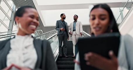 Sticker - Escalator, business people and networking in a airport lobby with job travel and work commute. Communication, employees speaking and talk about web analyst project with discussion on stairs for trip