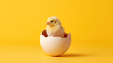 Fototapeta Zwierzęta - small yellow chicken in a shell on a yellow background. postcard with copy space, easter concept. 