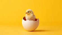 Small Yellow Chicken In A Shell On A Yellow Background. Postcard With Copy Space, Easter Concept. 