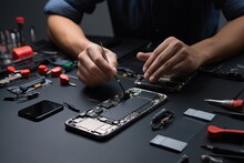 Technician Repair Smartphone On Desk, Components Broken, Clipping Path