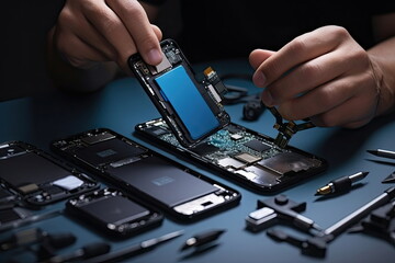 Technician repair smartphone on desk, components broken, clipping path