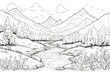© Kordiush - Simple black and white sketch of a mountain river against the backdrop of mountains