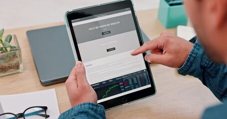Business person, hands and tablet for stock market website, trading information and news or registration FAQ. Professional worker or trader scroll on digital screen for exchange article or research