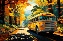 A Yellow School Bus On The Road With Fall Trees Behind It