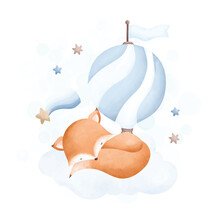 Watercolor Illustration Cute Baby Fox Sleeps On Cloud With Blue Hot Air Balloon And Stars