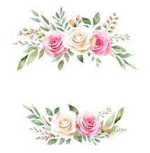 Wreaths, Floral Frames, Watercolor Flowers Pink Roses, Illustration Hand Painted. Isolated On White Background. Perfectly For Greeting Card Design.