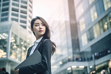 Asia Young busines woman with notebook ,tall building background ,Generative AI .