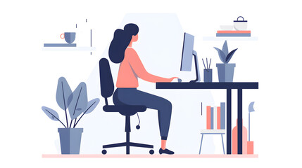 Woman working from home. Businesswoman sitting at desk and using laptop, Flat illustration, Generative AI tools