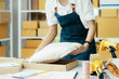 © ijeab - Small business owner packing clothes in the box at workplace.
