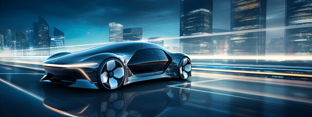 Wall Mural - futuristic self driving car in highway, futuristic concept, ultra HD, modern city