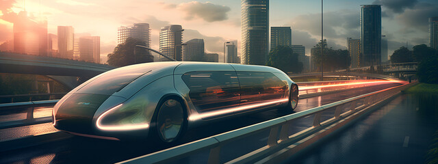 Wall Mural - futuristic self driving car in highway, futuristic concept, ultra HD, modern city