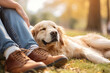 Close-up of a man sitting with his happy dog in a park