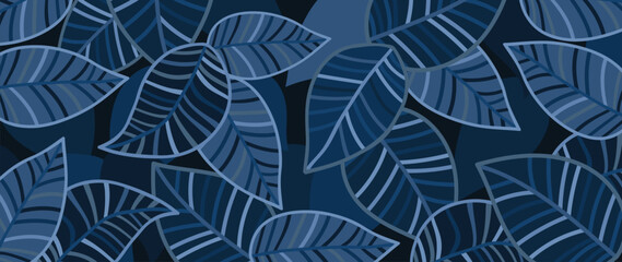 Blue leaves background vector. Luxury line art design with leaf pattern. Design for wall decoration, poster, tropical invitation card, packaging design and print.