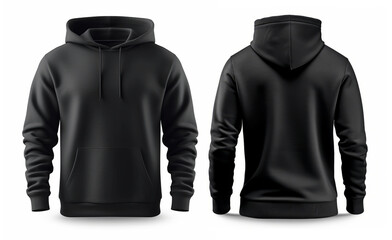 Black pullover hoodie front and back view isolated on white background.