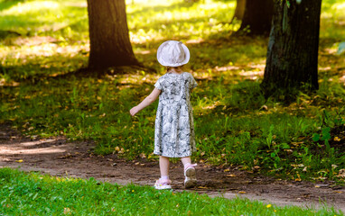 Wall Mural - A little girl walks in a summer park