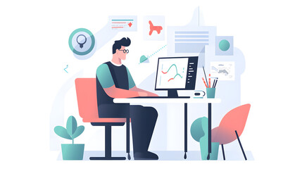 Man working from home. Businessman sitting at desk and using laptop, Flat illustration, Generative artificial intelligence tools