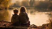 Autumn Serenity, Siblings Sitting By The River, Embracing Nature's Beauty