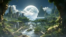 Fantasy Dream Landscape Night At The Forest With Sparkling Lake, Big Moon And Milkway Star Trail. Anime Cartoon Style Painting 4k Animation