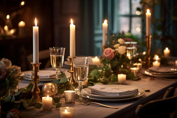 Romantic dinner place setting with plates and cutlery on table. Elegant table setting with beautyful flowers, candles and wine glasses in restaurant.