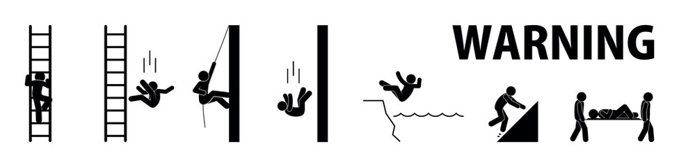 warning signs, falling from a height, accident icon, safety illustration, stick figure man
