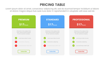 pricing table or price comparison infographic 3 point stage template with round box and outline subscribe button for slide presentation