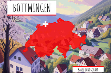 Wall Mural - Bottmingen on a Swiss map with a scene in Switzerland