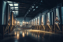 Fermentation Mash Vats Or Boiler Tanks In A Brewery Factory. Brewery Plant Interior. Factory For The Production Of Beer. Modern Production Of Draft Drinks. Selective Focus.