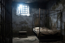 View Of The Prison Cell From The Inside. Solitary Cell For Prisoners. Hopelessness.