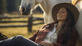 Cowgirl relax with horse on farm