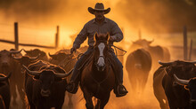Cowboy Riding Horse Herding Cows During Sunrise On Farm