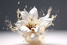White Flower With Water Splash On Gray Background. 3d Illustration.
