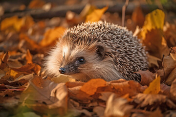 Wall Mural - Hedgehog in forest with colorful autumn leaves