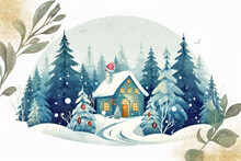 Scandinavian Christmas Forest And Cute House
