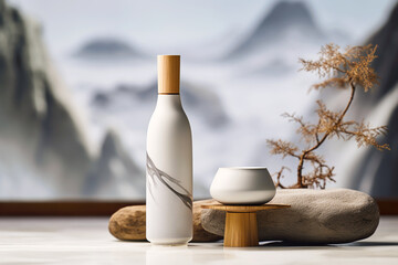 Wall Mural - White sake bottle with white ceramic cup