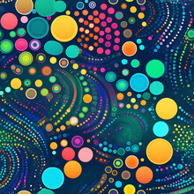 Psychedelic Pattern. Colourful Seamless Pattern With Dots Circles And Lines. Trance Inspired Neon Coloured Patterns.
